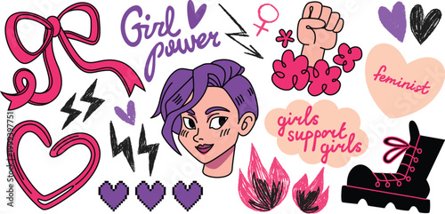 International women day sticker pack with strong fist rose and feminist quotes vector