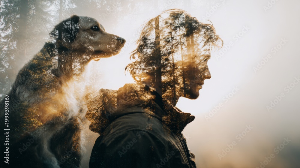 Fototapeta premium Man and Dog Silhouette in Enchanted Forest with Sunlight and Textures Creating a Dreamy Atmosphere