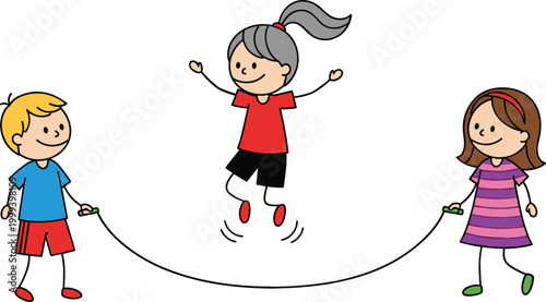 Cute kids playing jump rope together happy children outdoor activity cartoon vector illustration isolated on white background for fun and childhood design