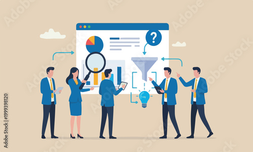 Business data,meeting together database or statistics, marketing technology or data funnel or indicator concept, businesswoman work with data analysis and magnifying glass
