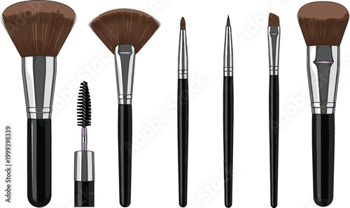 Makeup brushes and mascara set with professional cosmetic tools for beauty and skincare routine detailed vector illustration isolated on white background