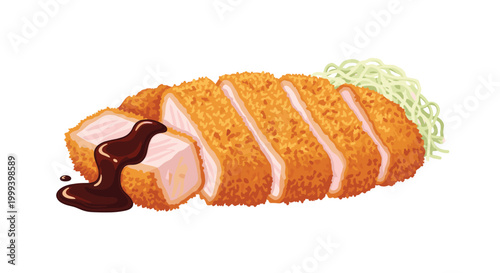 Crispy fried pork tonkatsu is sliced and served with a thick dark savory sauce and a side of finely shredded green cabbage garnish.