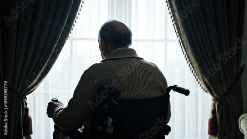 Senior man in wheelchair looking out window in dark room