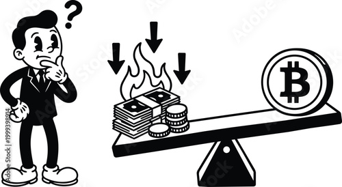 Retro black and white cartoon businessman pondering burning cash versus bitcoin on seesaw