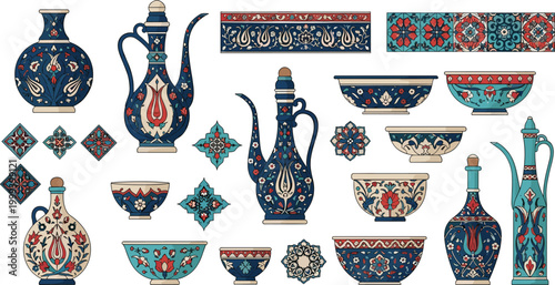 Traditional Turkish Ceramic Art Set, Floral Pattern Vases, Bowls, and Decorative Objects for Cultural, Home Décor, and Craft Designs