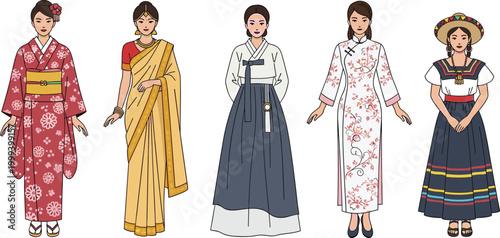 Foto Traditional Clothing Illustration Set Featuring 5 Women in Cultural Dresses from