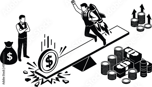Black and white dollar coin on seesaw with businessman jetpack launching toward money pile