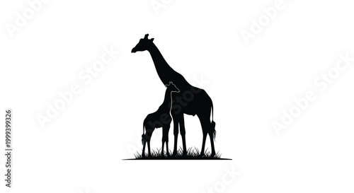 Mother and baby giraffe silhouette standing in grass vector illustration