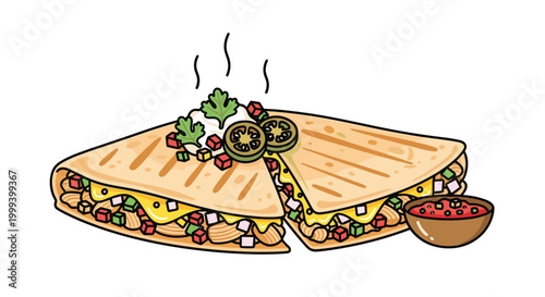 Delicious chicken quesadilla is sliced and topped with sour cream, cilantro, and jalapeos, served with a small bowl of spicy red salsa.