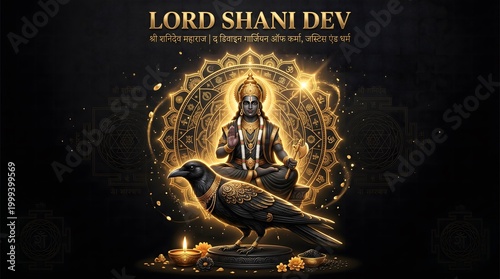 Illustrative depiction of lord shani dev seated in meditation with a crow and ornate mandala