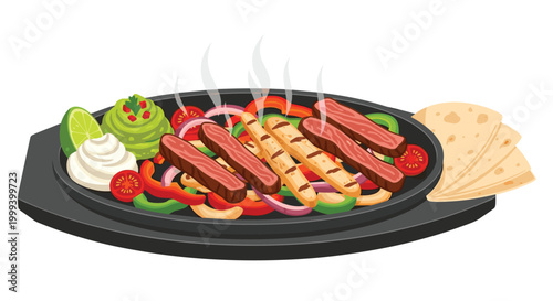 Sizzling platter of beef and chicken fajitas served with grilled peppers, onions, tortillas, and fresh guacamole.