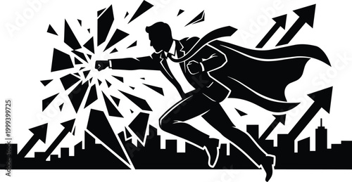 Silhouette businessman in cape punching shattered glass over city skyline black and white vector art