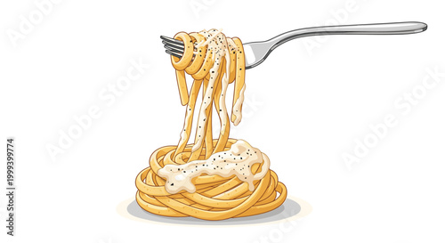 Delicious twirl of spaghetti pasta with a creamy white carbonara sauce and black pepper being lifted by a fork.