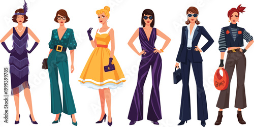 Vintage Fashion Illustration Set of 6 Women in Classic Dresses, Stylish Outfits, and Retro Accessories for Fashion, Design, and Branding Projects