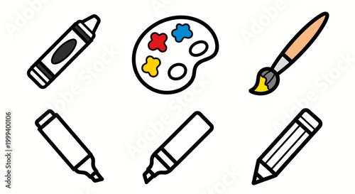 artist painting tools icons set including palette brush markers for art design creative projects