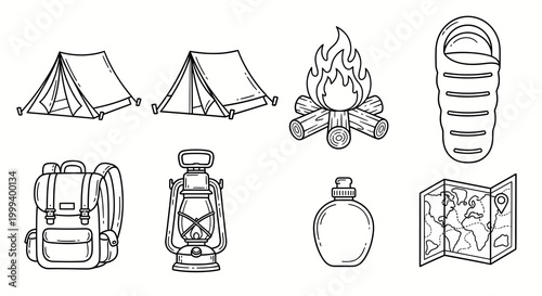 camping travel line icons set for adventure outdoor activities and hiking