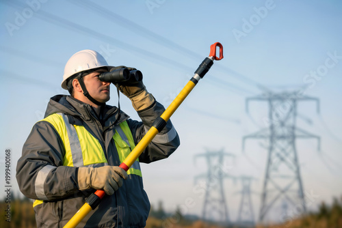 Utility worker inspecting power lines with binoculars and hot stick outdoors.