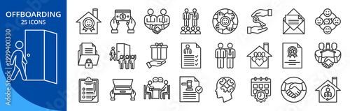 Offboarding outline icon set. Contain employee offboarding, exit Process, exit interview, knowledge transfer, employee exit, offboarding checklist, offboarding Process, compliance offboarding