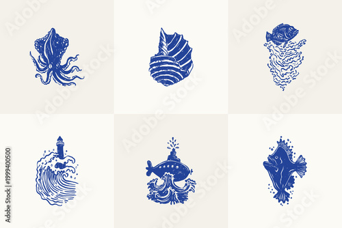 Collection of ocean and sea-themed vector illustrations. Includes waves, marine animals, shells, boats, and underwater elements. Perfect for summer designs and nature projects.
