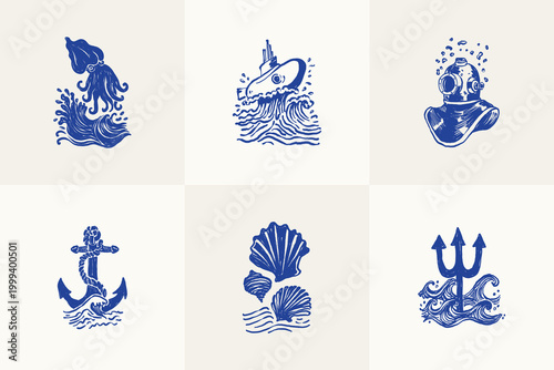 Collection of ocean and sea-themed vector illustrations. Includes waves, marine animals, shells, boats, and underwater elements. Perfect for summer designs and nature projects.
