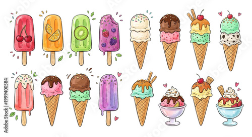 A vibrant collection of assorted ice cream desserts including popsicles and cones in various flavors and colors