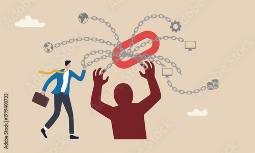 Single point, man vulnerable weak point to make all system down, important point to hazard or beware danger concept, businessman at try so hard to hold multiple chain to avoid failure