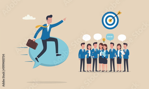 Effective for, or meeting teams together dialog for success, meeting talk or communicate idea concept, cheerful businessman ride speech bubble pointing to target