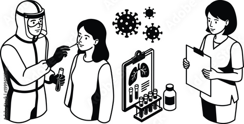 Healthcare worker in protective suit taking nasal swab from patient with clipboard and test tubes