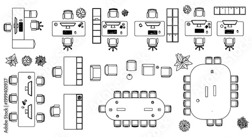 top view of modern office floor plan with desks chairs plants and meeting tables