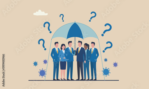 Coronavirus insurance together coverage or government policy to help business in Coronavirus crisis, businessmen people help to cover under umbrella to protect from Coronavirus