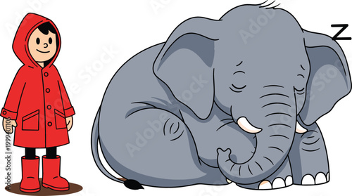 Cute cartoon boy in raincoat standing next to sleeping elephant adorable animal and kid character vector illustration isolated on white background