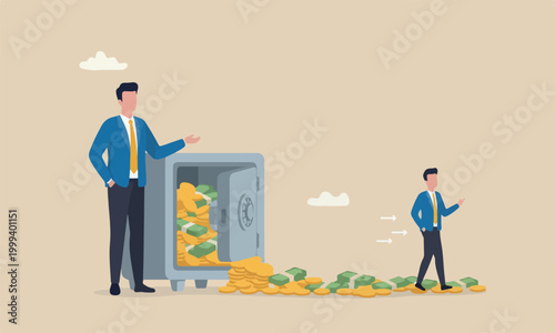 Passive, earning from investment or stock dividend and profit to be financial freedom concept, relax businessman open safe with wealthy treasure inside and money coins walking