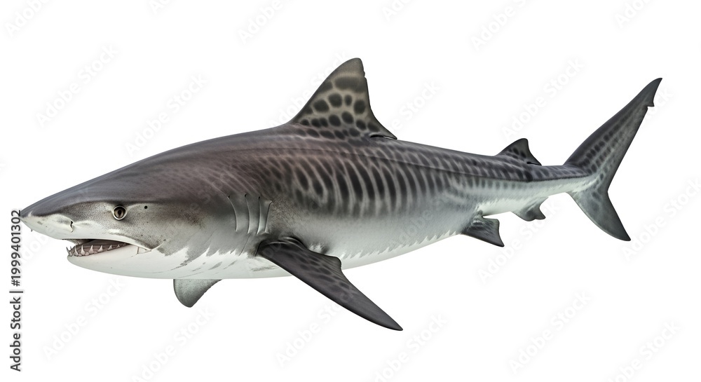 Fototapeta premium Tiger Shark Swimming - Isolated White Background