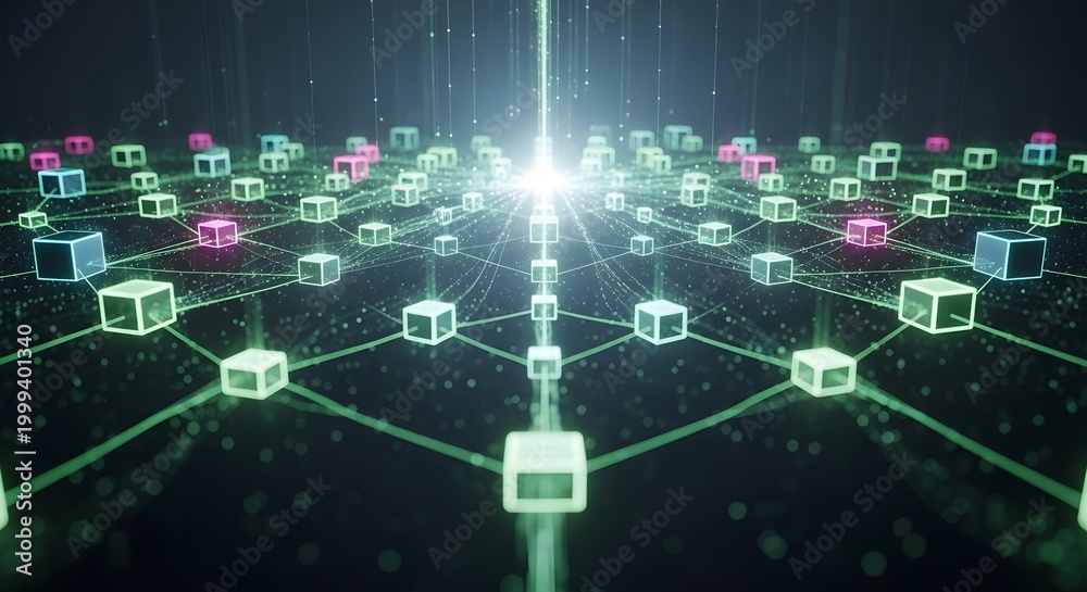 Obraz premium Decentralized blockchain network with glowing 3D data cubes. Digital ledger and crypto infrastructure. Virtual blocks connected by light beams in a dark cyber space environment