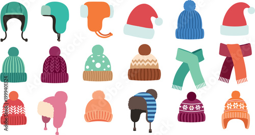 Vector Set of 20 Winter Hats and Scarves in Various Colors and Styles for Kids, Seasonal, and Clothing Illustrations