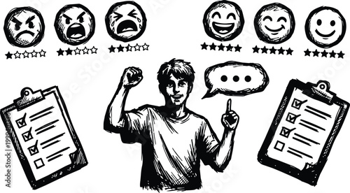 Black and white hand drawn man cheering with checklists speech bubble and rating faces