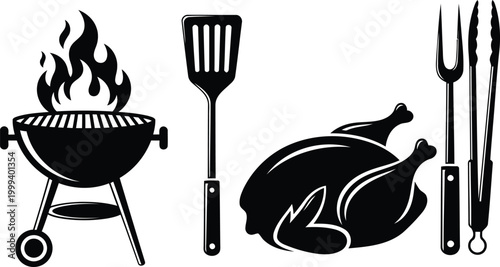 Barbecue tools and cooked chicken black and white illustration