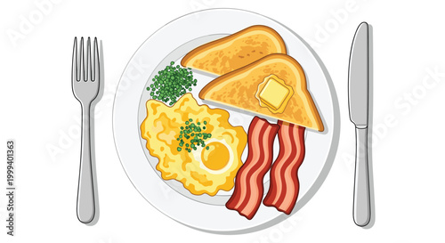 Complete breakfast plate features golden toasted bread with melting butter, fluffy scrambled eggs, and two strips of crispy fried bacon with herbs.