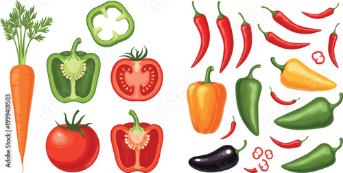 Vector Set of Fresh Vegetables Including Carrot, Bell Peppers, Tomato, and Chili Peppers for Culinary, Cooking, and Food Illustrations