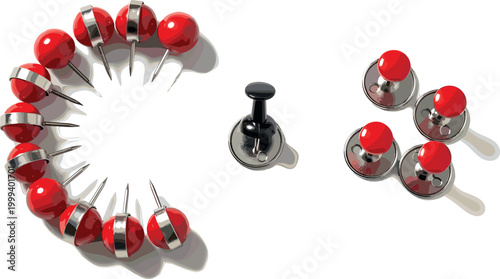 Vector Set of Red and Silver Push Pins in Different Styles for Office, Map, Planning, and Organization Illustrations