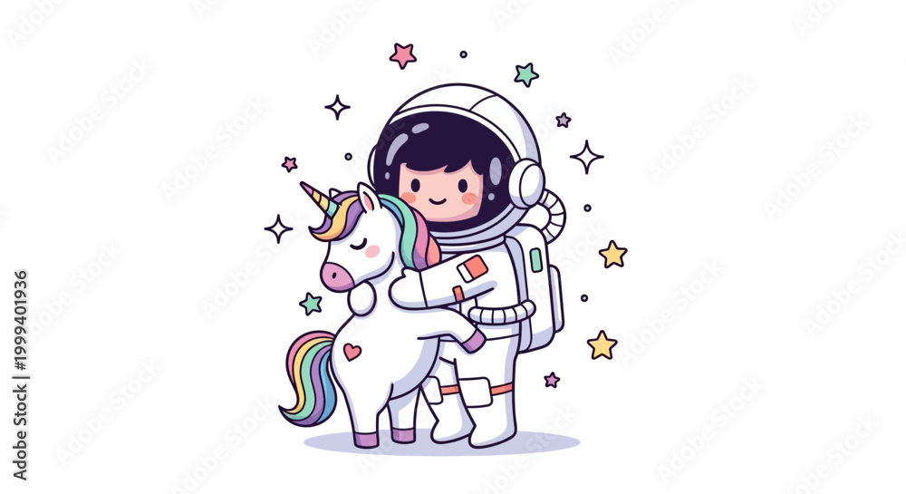 Obraz premium Cute astronaut hugging a rainbow unicorn with stars