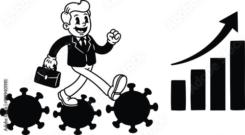 Retro black and white businessman stepping on virus icons toward rising bar chart