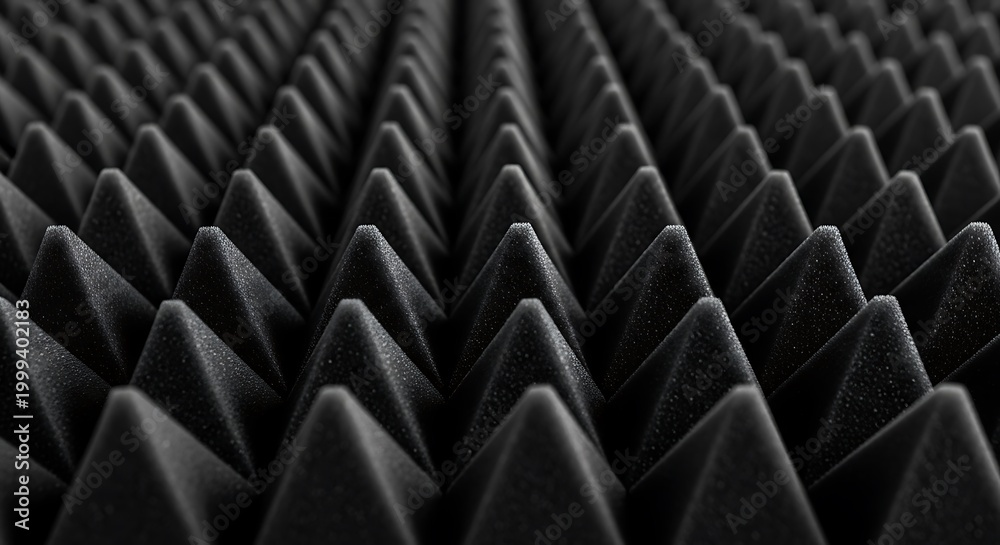 Fototapeta premium A close-up view of black acoustic foam panels with pyramid-shaped protrusions used for soundproofing and sound absorption in a recording studio or home office