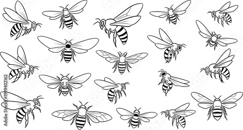 Collection of black and white line of bees in various flying poses insect wing antenna