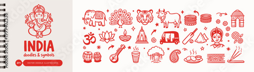 India Cultural Symbols and Icons Hand Drawn Doodle Vector Illustration Set