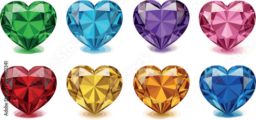 Colorful Heart-Shaped Gemstone Icon Set in Green, Blue, Purple, Red, Yellow, and Pink for Jewelry, Valentine’s Day, and Digital Designs