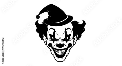 Scary clown face with evil grin and pointed hat