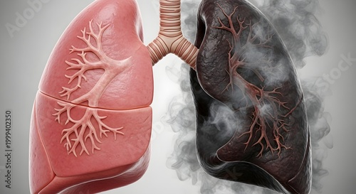Healthy and diseased lungs contrasted by smoky background.