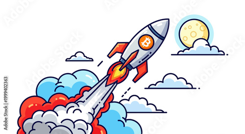 Bitcoin rocket launching into moonlit sky with clouds