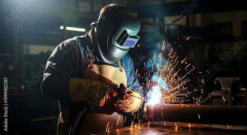 Industrial welder at work sparks fly in workshop.